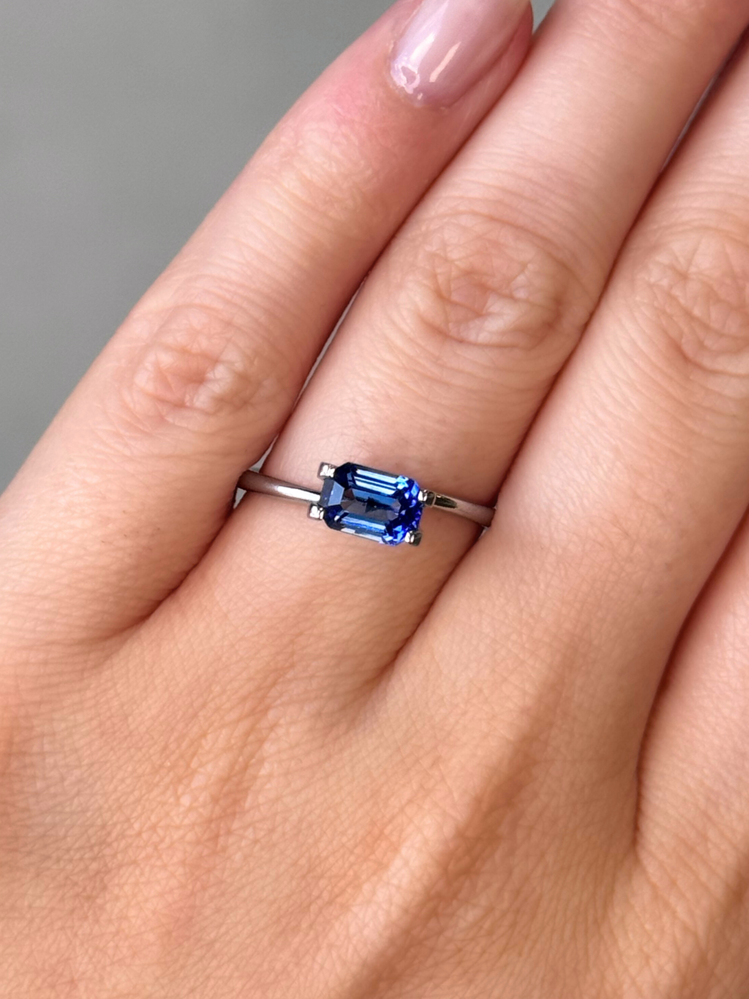 1.32ct emerald cut blue sapphire Adelaide sapphire engagement ring