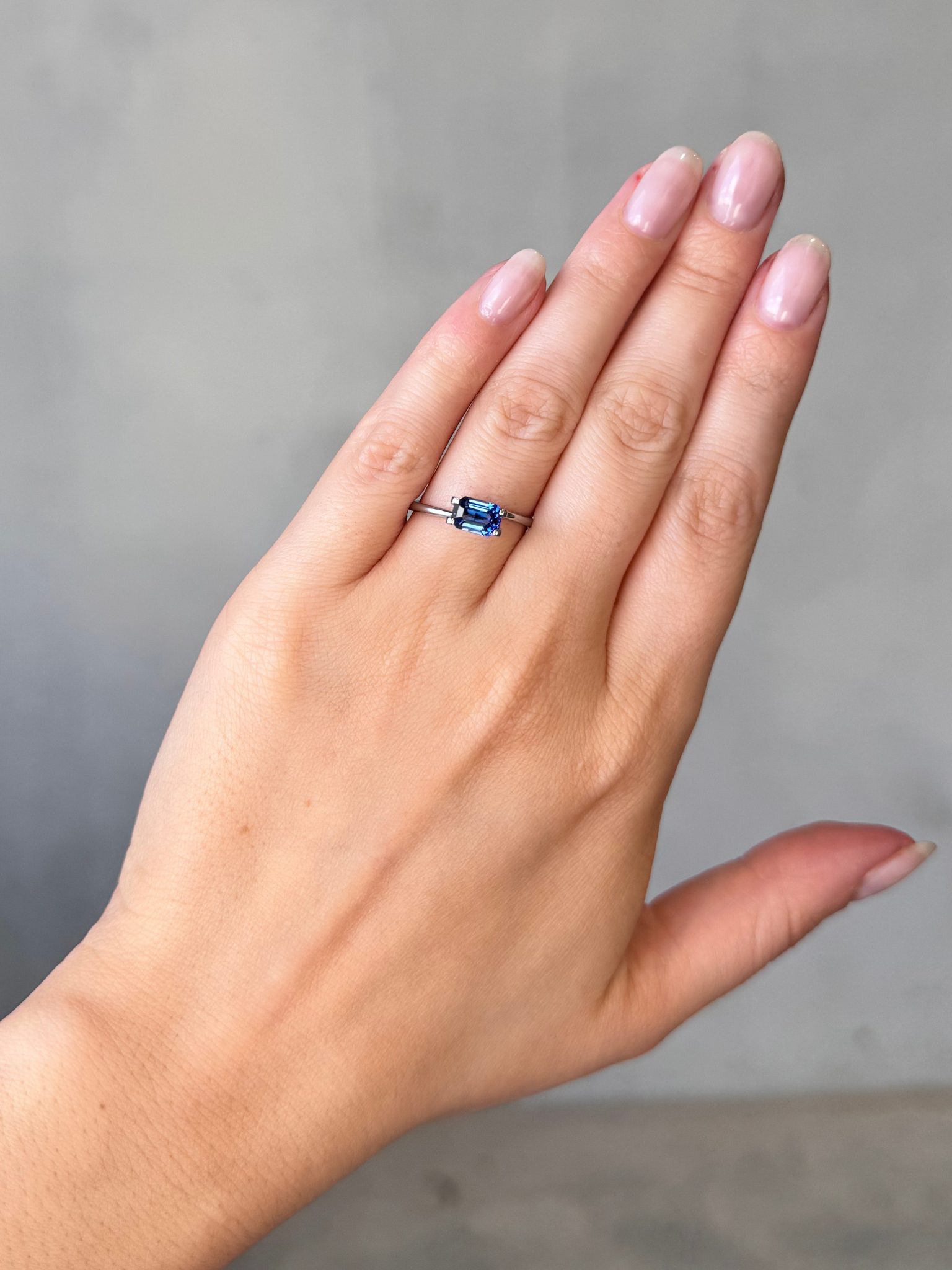 1.32ct emerald cut blue sapphire Adelaide sapphire engagement ring