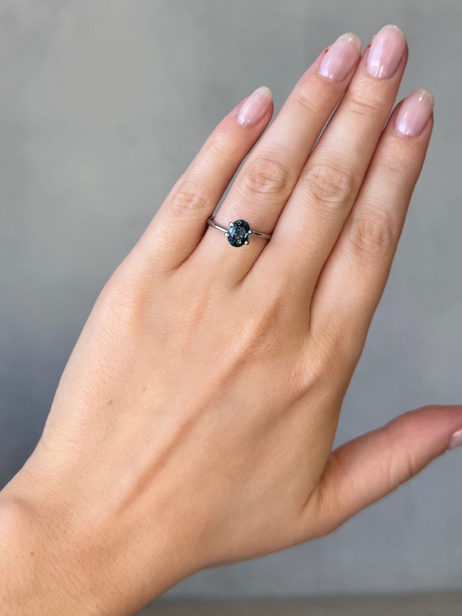 1.65ct oval cut blue teal sapphire Adelaide sapphire engagement ring