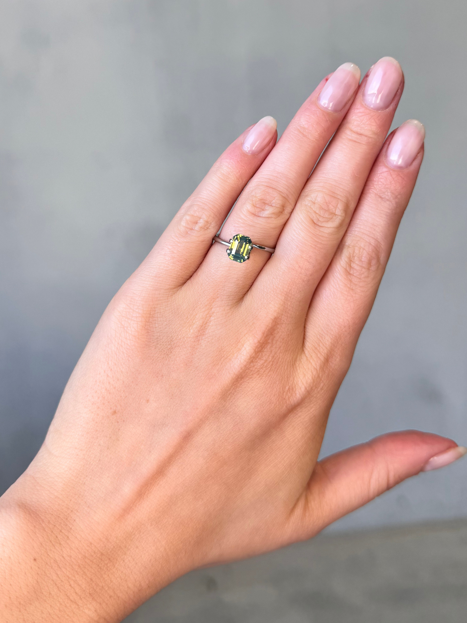 2.05ct emerald cut opalescent sapphire Adelaide sapphire engagement ring