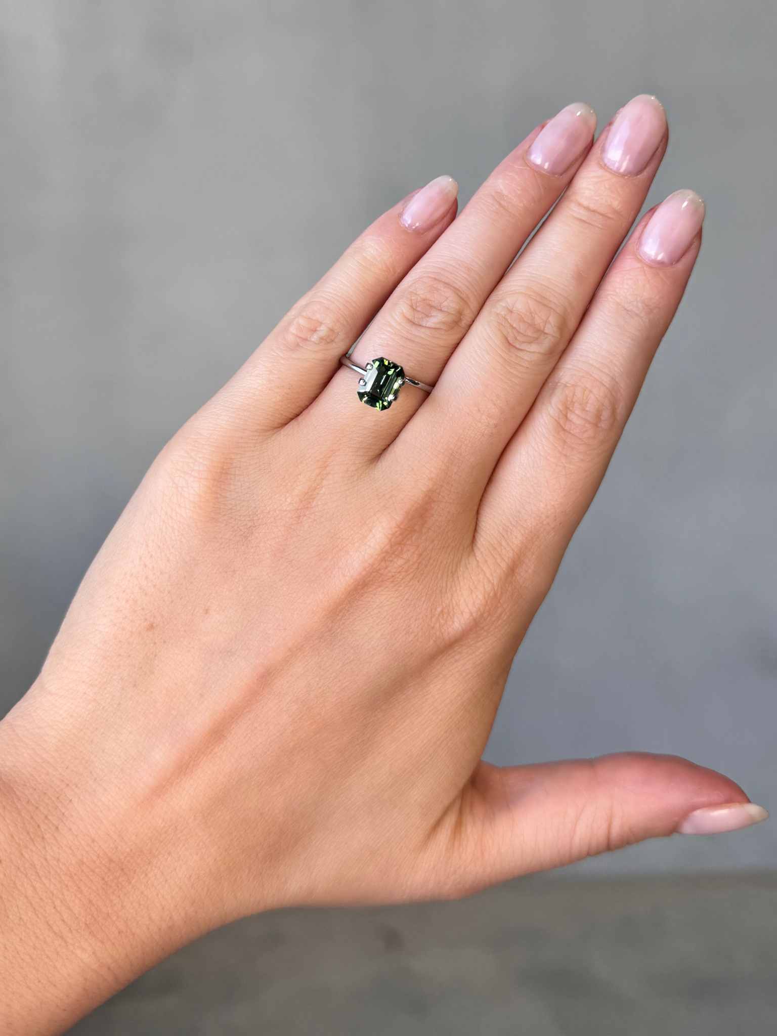 2.44ct emerald cut green sapphire Adelaide sapphire engagement ring