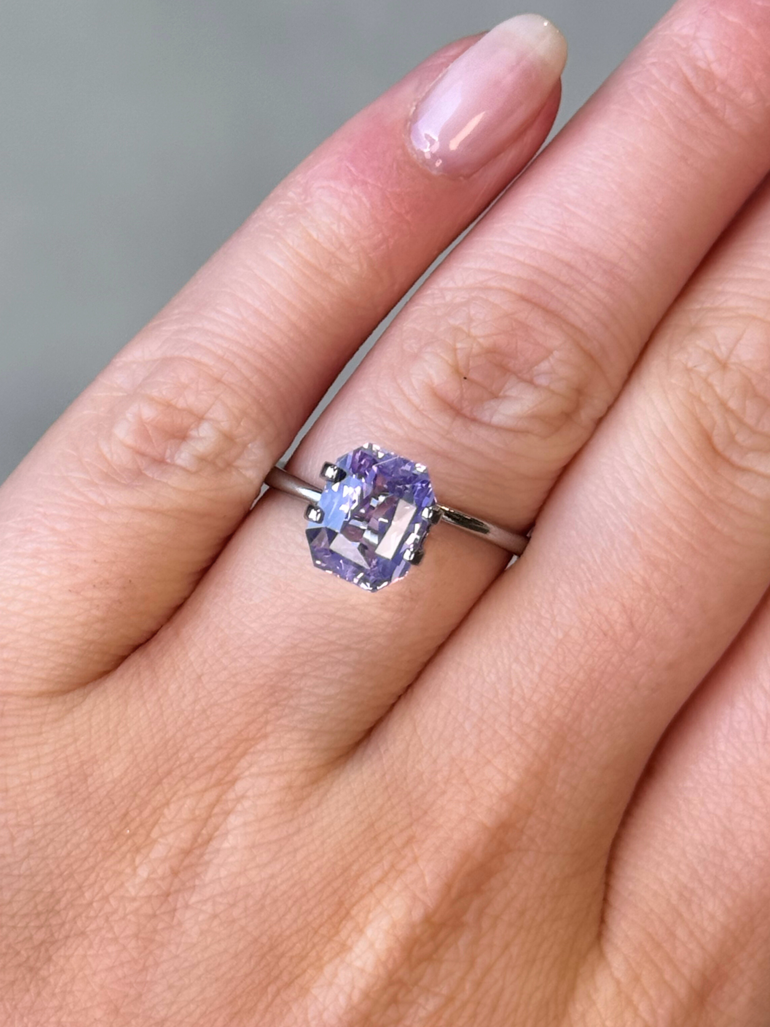 3.03ct radiant cut lavender sapphire Adelaide sapphire engagement ring