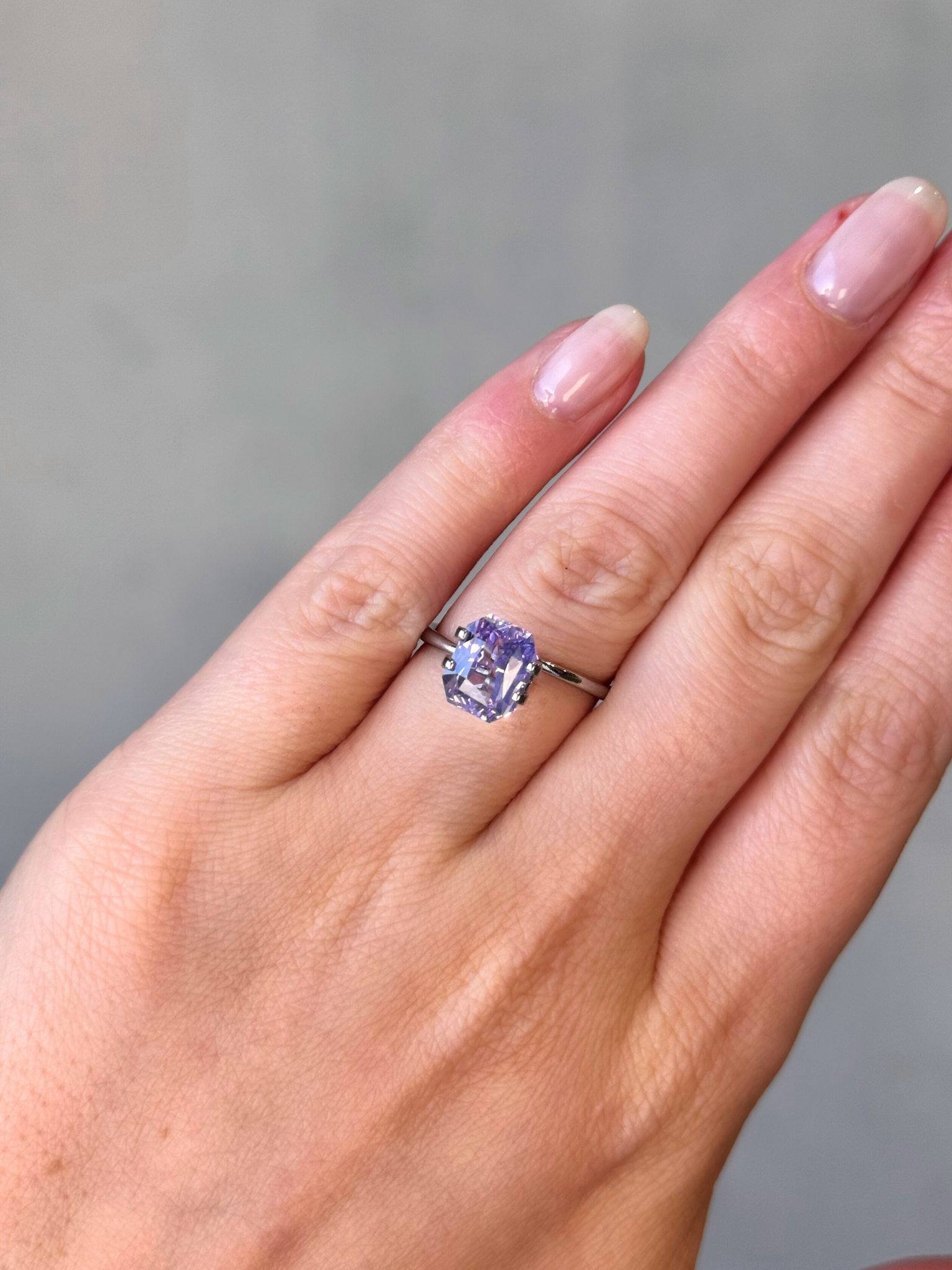 3.03ct radiant cut lavender sapphire Adelaide sapphire engagement ring