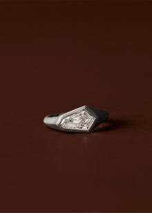Shield cut diamond signet ring with bezel and matte gold finish