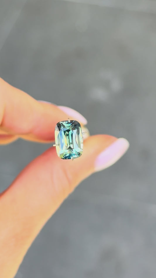 4.06ct cushion cut natural sapphire, blue green parti sapphire